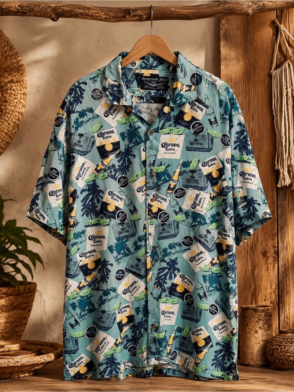 Corona Newport Blue Extra Beer Button Down Casual Mens 2XL Shirt